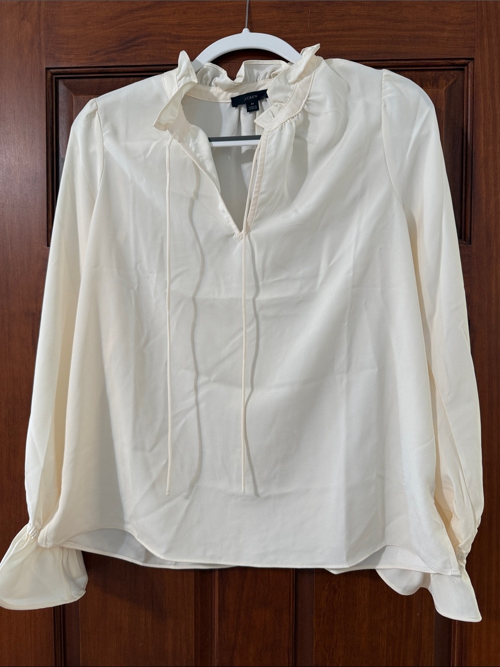 J. Crew Cream Ruffle Tie-Neck Blouse